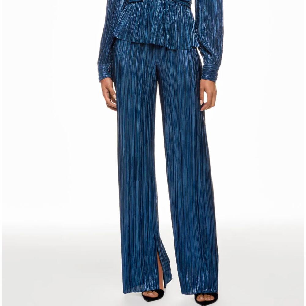 Sabina Musayev Metallic Navy Blue Wide-Leg Pleated Pants